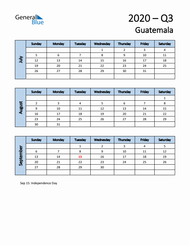 Free Q3 2020 Calendar for Guatemala - Sunday Start