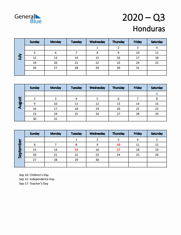 Free Q3 2020 Calendar for Honduras - Sunday Start