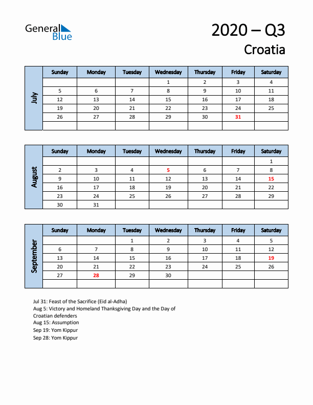 Free Q3 2020 Calendar for Croatia - Sunday Start