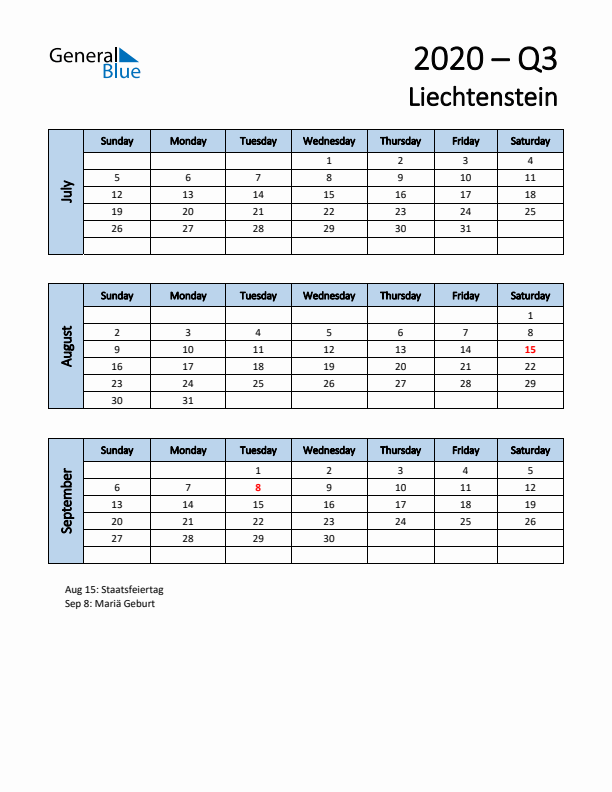 Free Q3 2020 Calendar for Liechtenstein - Sunday Start
