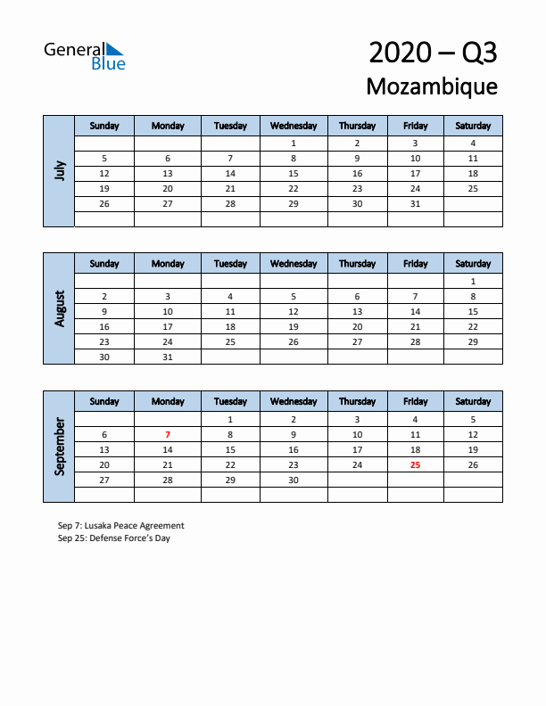 Free Q3 2020 Calendar for Mozambique - Sunday Start