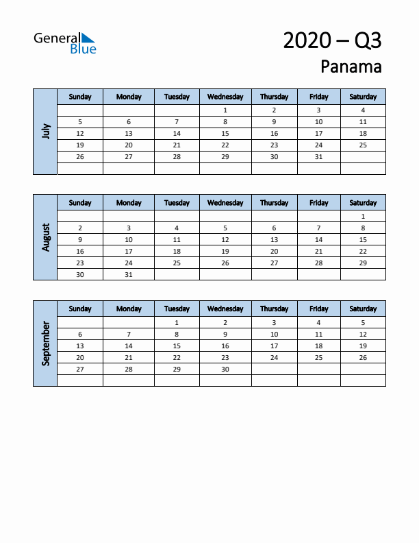 Free Q3 2020 Calendar for Panama - Sunday Start