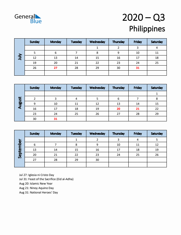 Free Q3 2020 Calendar for Philippines - Sunday Start