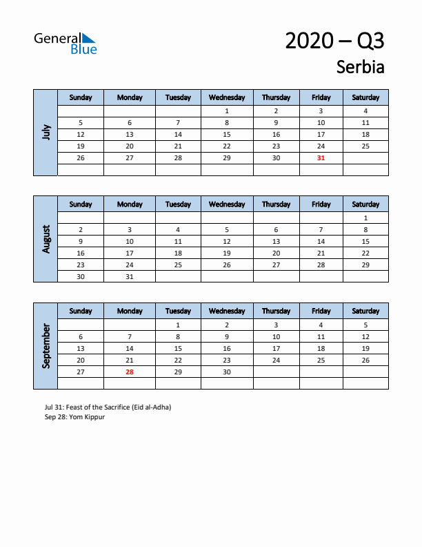Free Q3 2020 Calendar for Serbia - Sunday Start