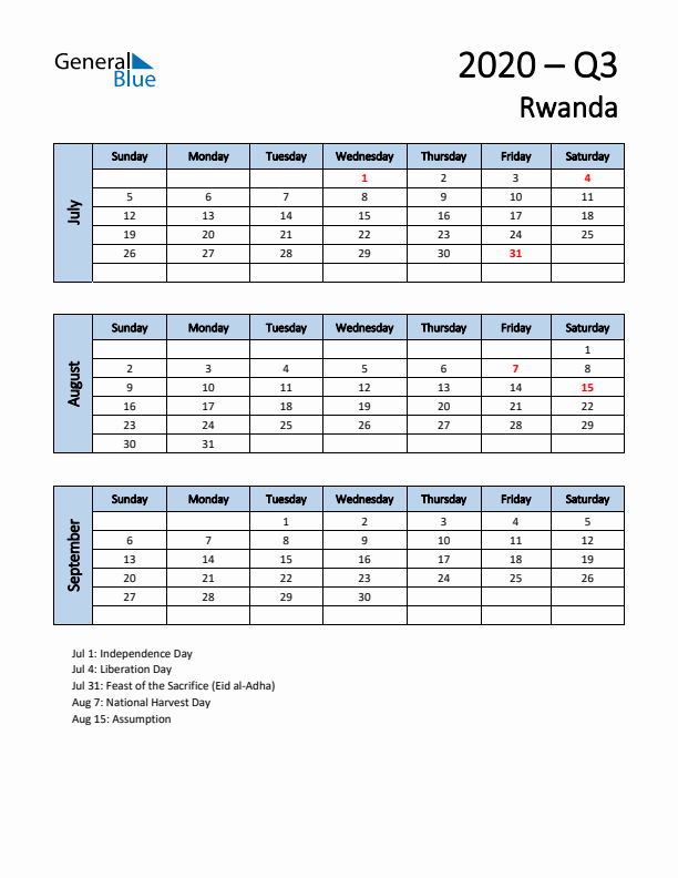 Free Q3 2020 Calendar for Rwanda - Sunday Start