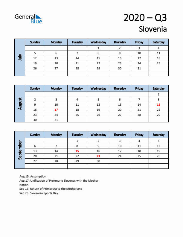 Free Q3 2020 Calendar for Slovenia - Sunday Start