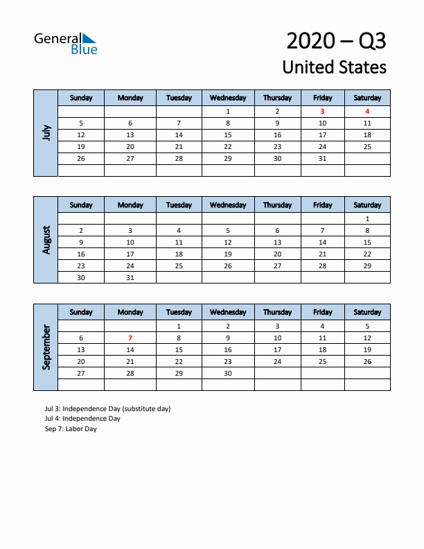 Free Q3 2020 Calendar for United States - Sunday Start
