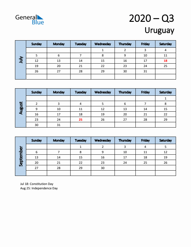 Free Q3 2020 Calendar for Uruguay - Sunday Start