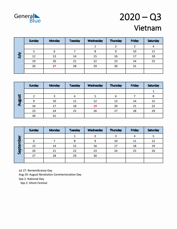 Free Q3 2020 Calendar for Vietnam - Sunday Start
