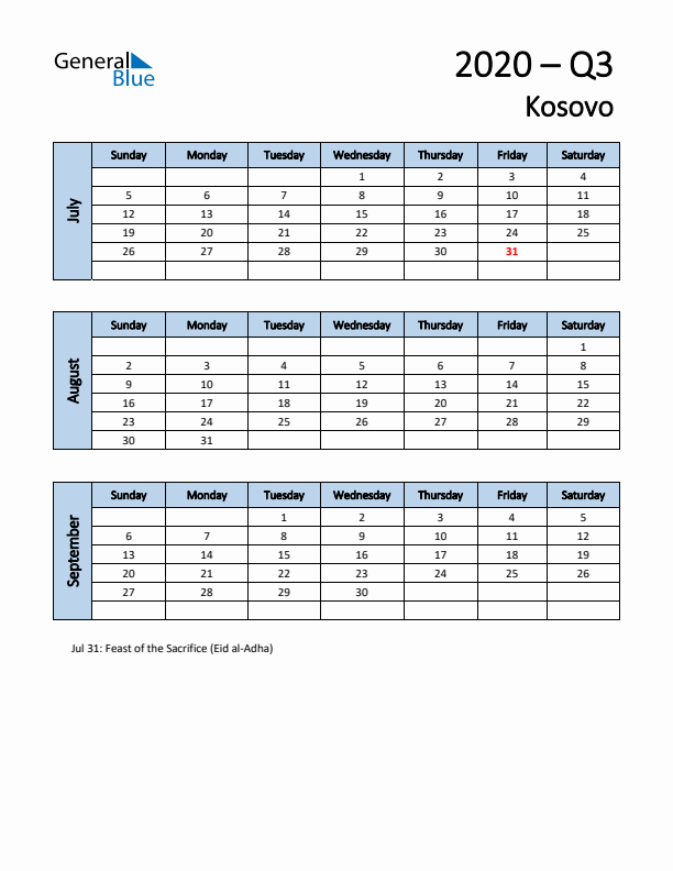 Free Q3 2020 Calendar for Kosovo - Sunday Start