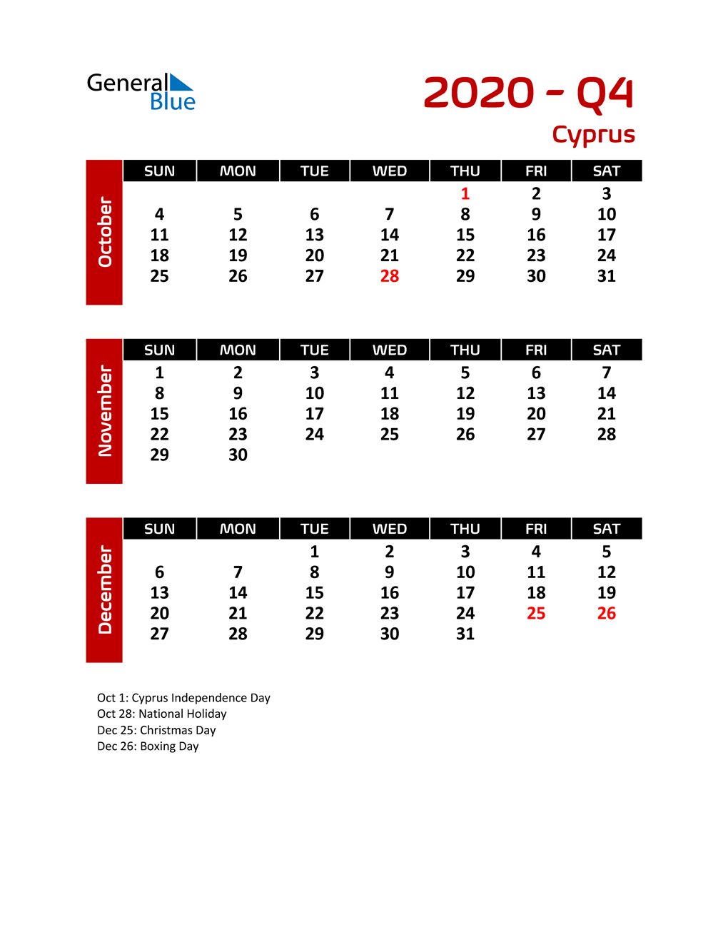  Q4 2020 Calendar with Holidays