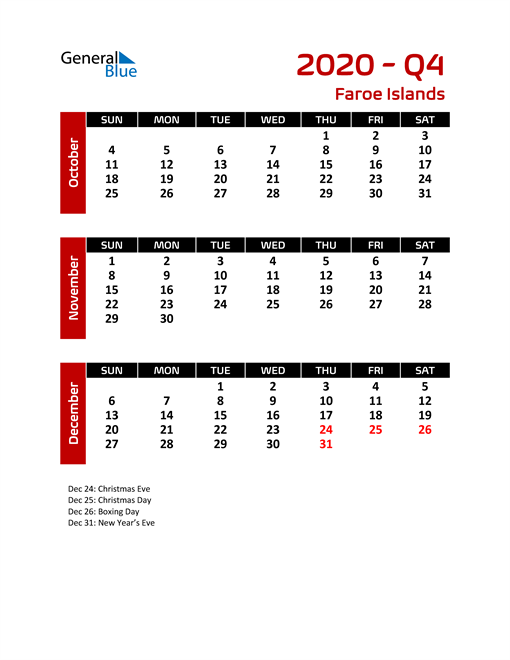  Q4 2020 Calendar with Holidays