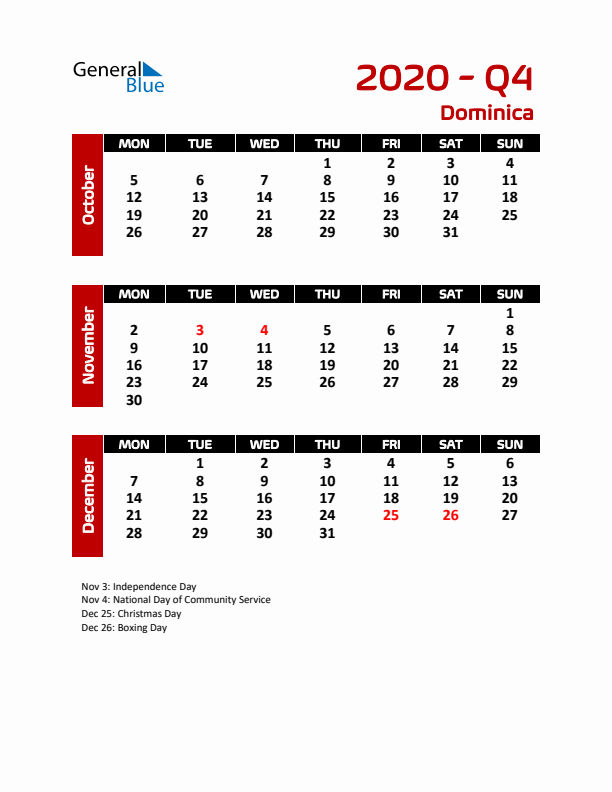 Q4 2020 Calendar with Holidays