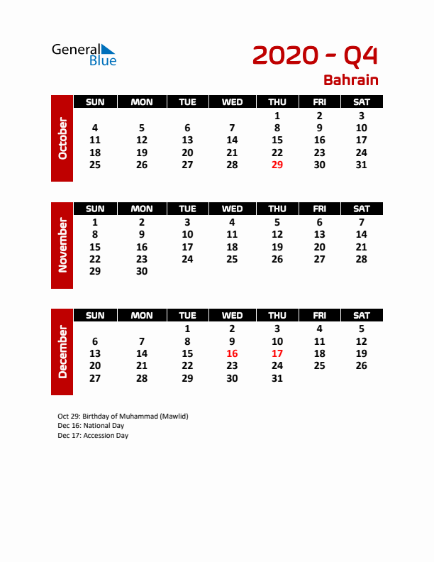 Q4 2020 Calendar with Holidays