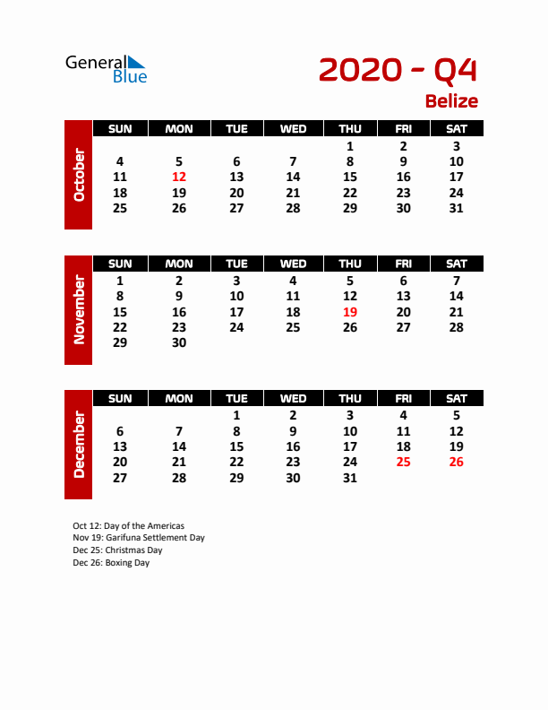 Q4 2020 Calendar with Holidays