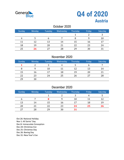  Austria 2020 Quarterly Calendar 