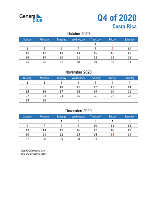  Costa Rica 2020 Quarterly Calendar 