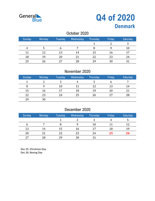 Denmark 2020 Quarterly Calendar 