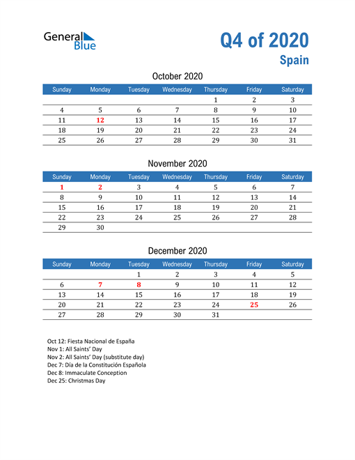  Spain 2020 Quarterly Calendar 