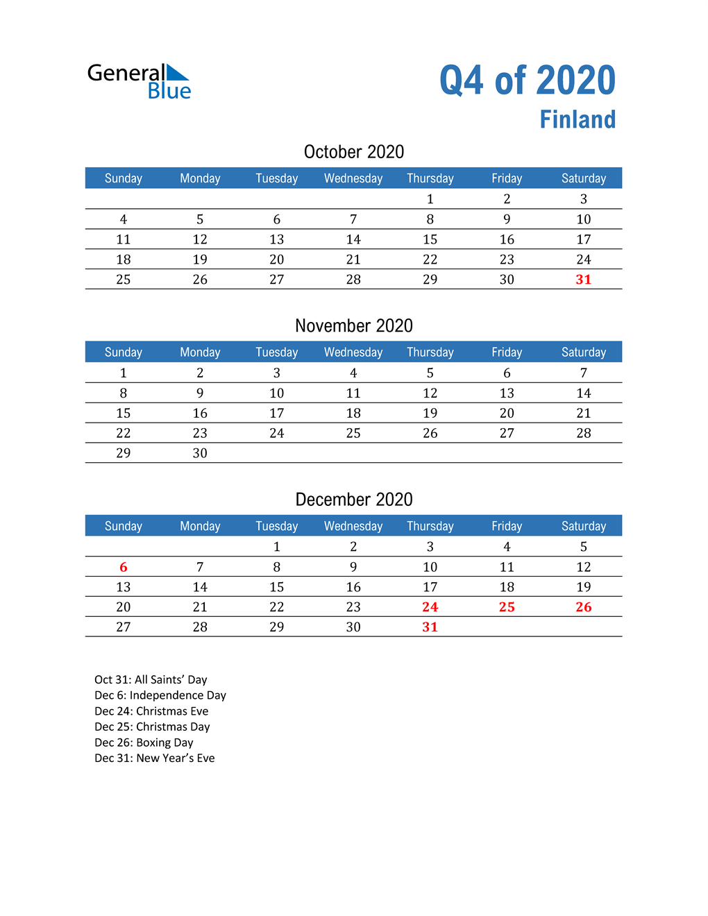  Finland 2020 Quarterly Calendar 