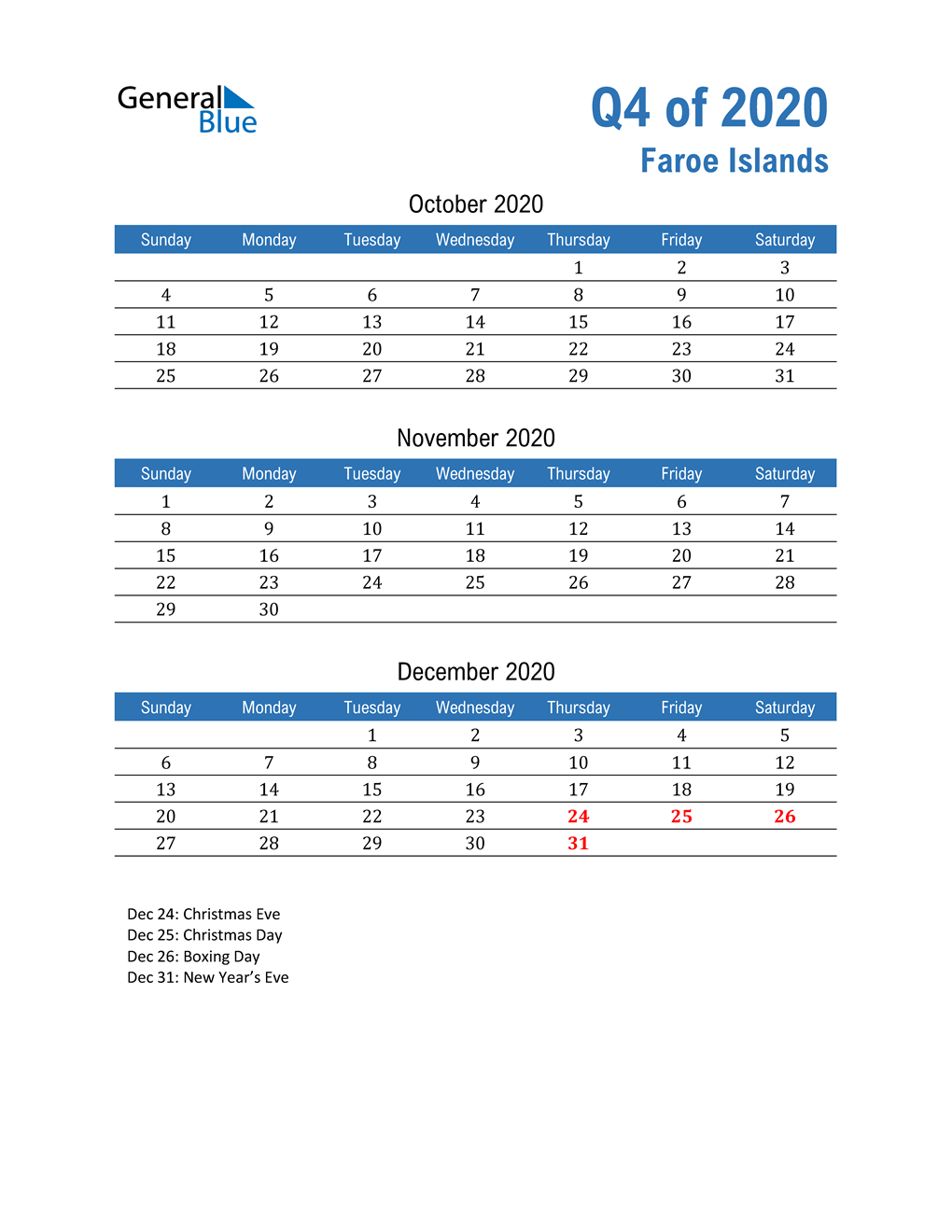  Faroe Islands 2020 Quarterly Calendar 