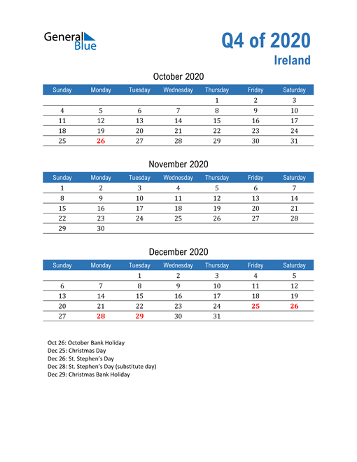  Ireland 2020 Quarterly Calendar 