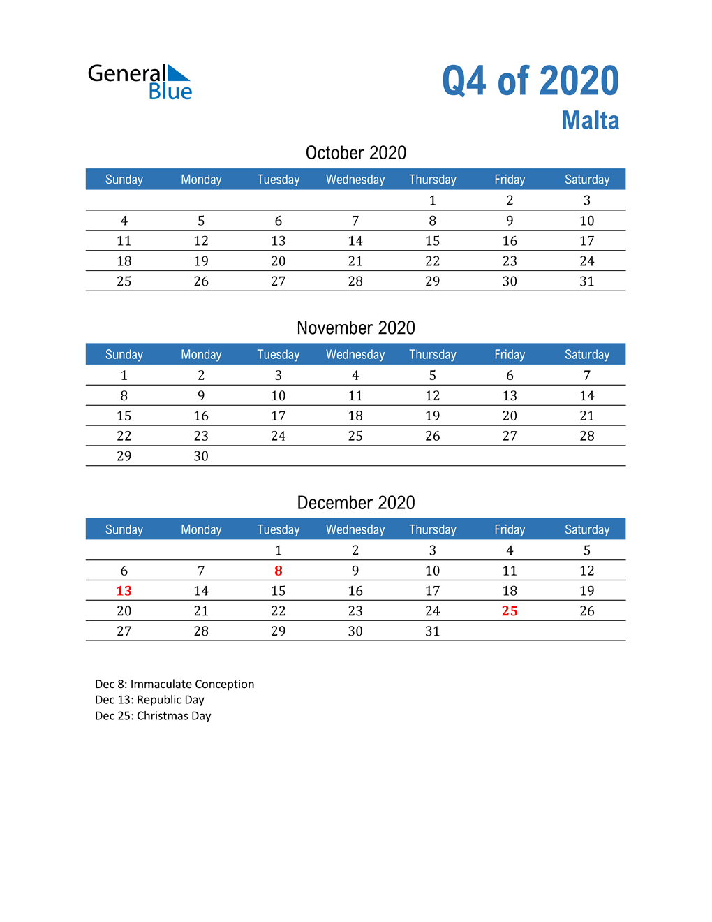  Malta 2020 Quarterly Calendar 