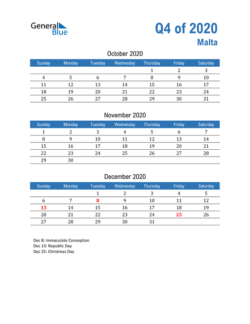  Malta 2020 Quarterly Calendar 