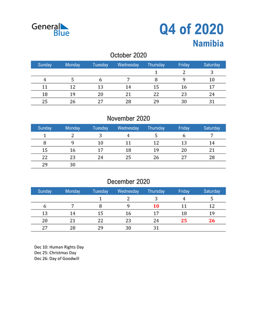  Namibia 2020 Quarterly Calendar 