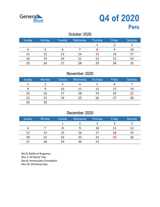  Peru 2020 Quarterly Calendar 