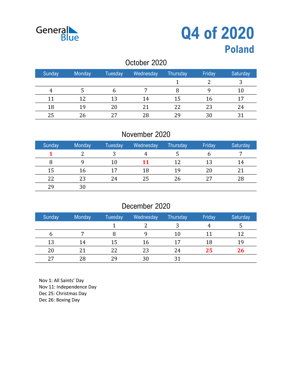  Poland 2020 Quarterly Calendar 