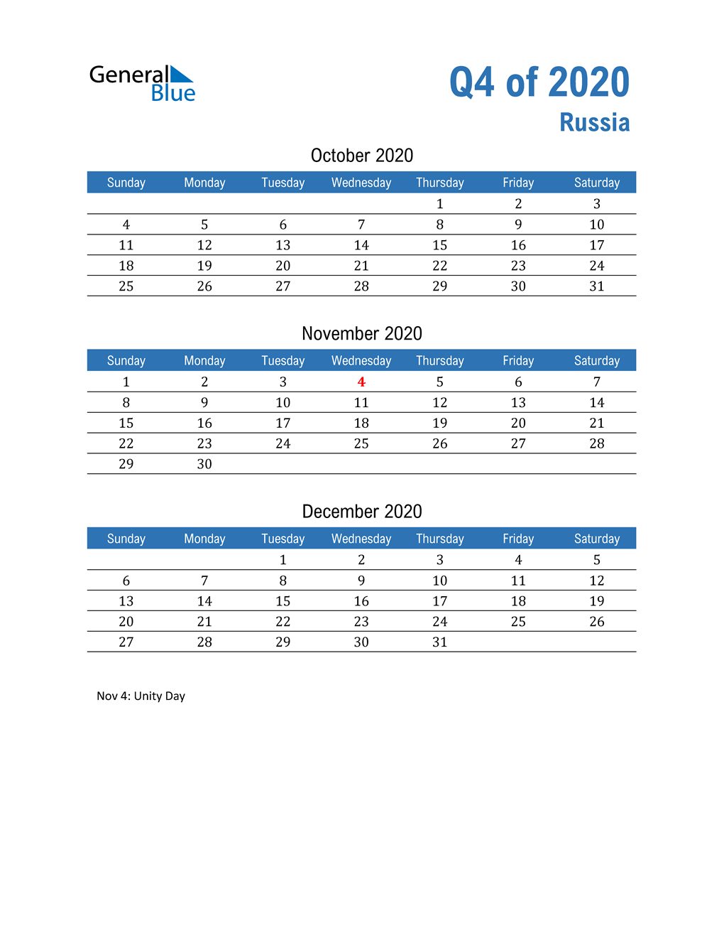  Russia 2020 Quarterly Calendar 