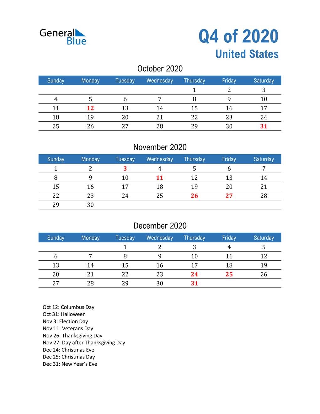  United States 2020 Quarterly Calendar 
