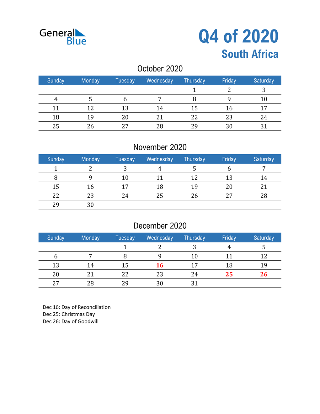  South Africa 2020 Quarterly Calendar 