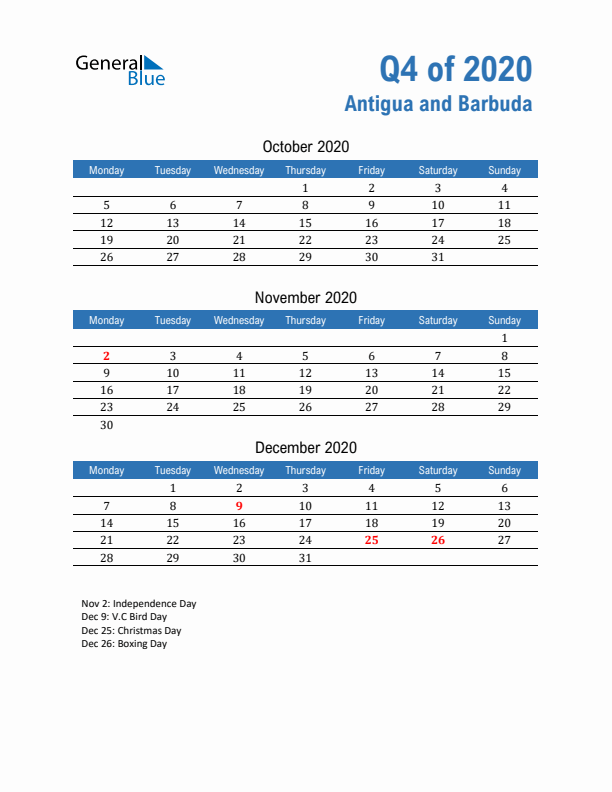 Antigua and Barbuda 2020 Quarterly Calendar with Monday Start