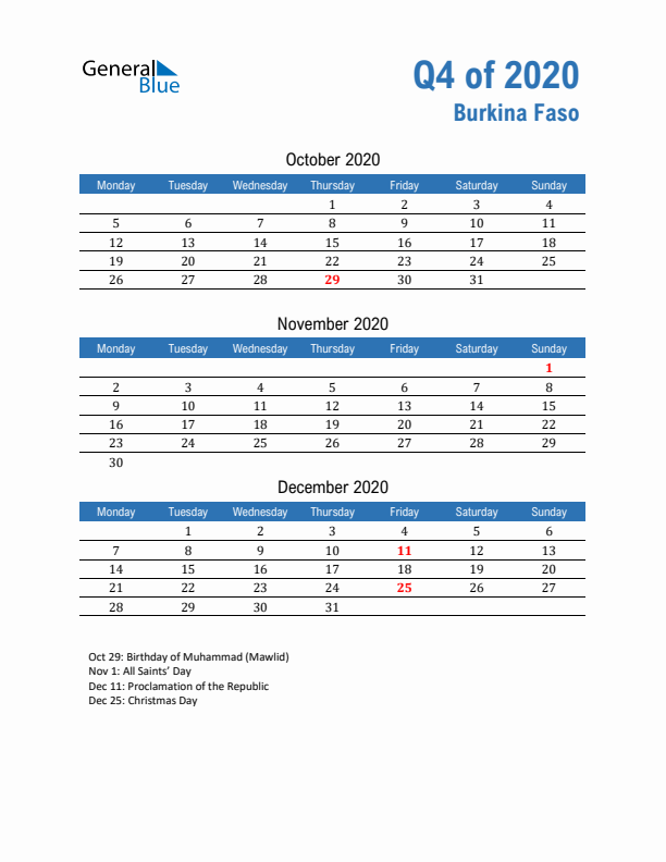 Burkina Faso 2020 Quarterly Calendar with Monday Start