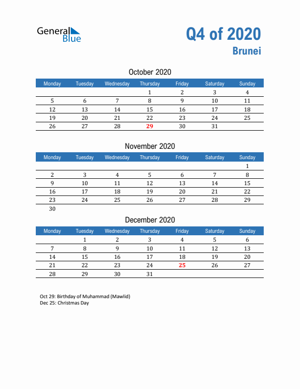 Brunei 2020 Quarterly Calendar with Monday Start