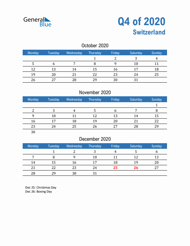 Switzerland 2020 Quarterly Calendar with Monday Start