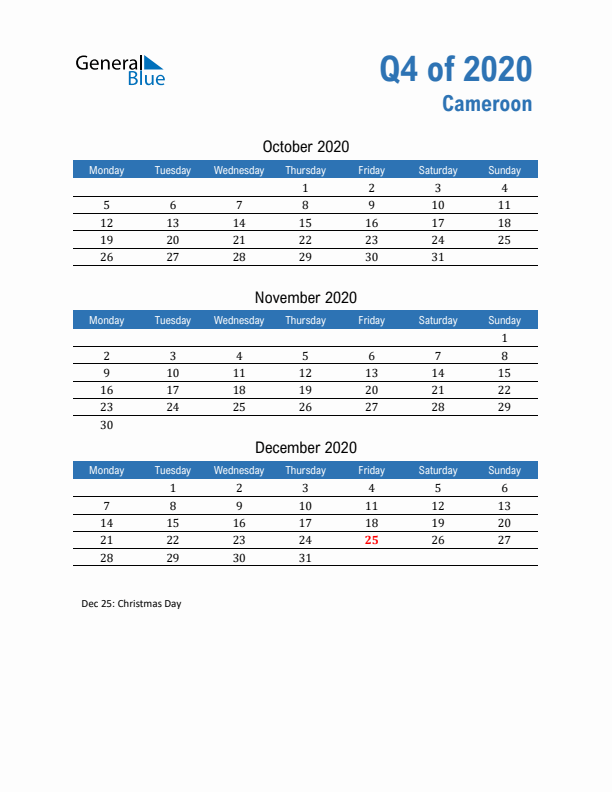 Cameroon 2020 Quarterly Calendar with Monday Start