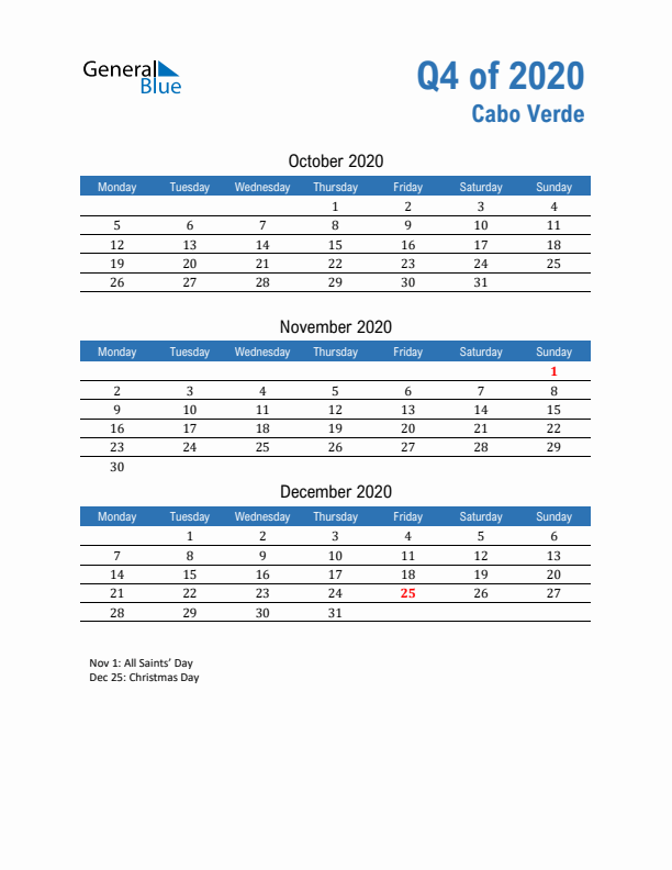 Cabo Verde 2020 Quarterly Calendar with Monday Start