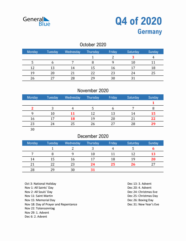 Germany 2020 Quarterly Calendar with Monday Start