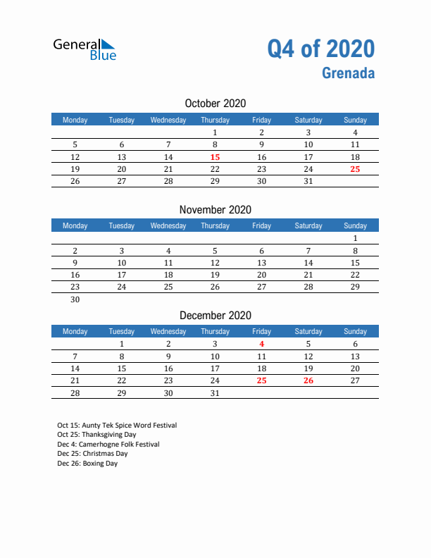 Grenada 2020 Quarterly Calendar with Monday Start