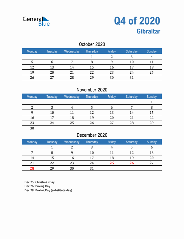 Gibraltar 2020 Quarterly Calendar with Monday Start