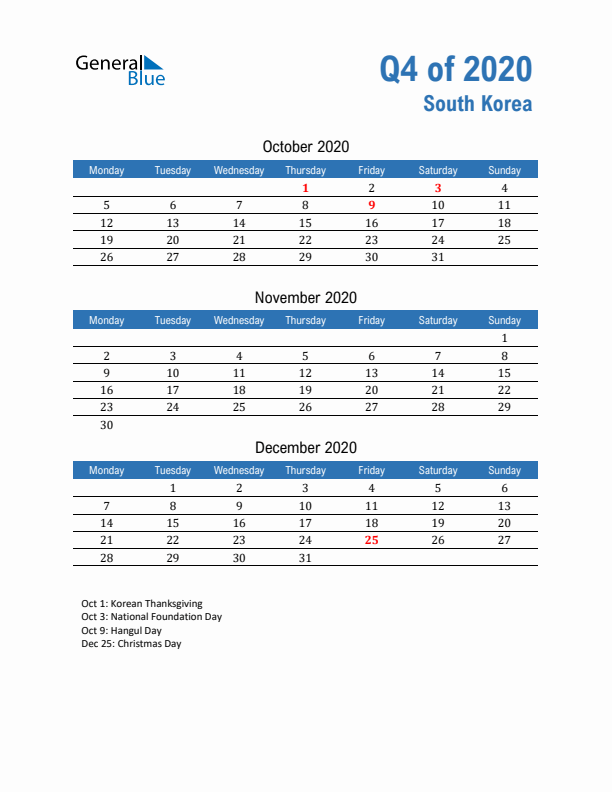 South Korea 2020 Quarterly Calendar with Monday Start