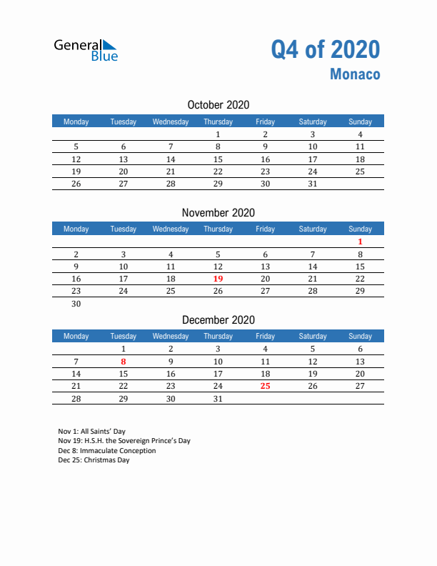 Monaco 2020 Quarterly Calendar with Monday Start