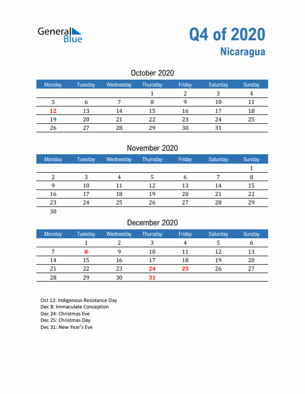 Nicaragua 2020 Quarterly Calendar with Monday Start