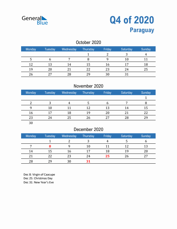 Paraguay 2020 Quarterly Calendar with Monday Start