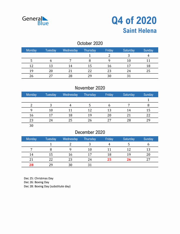 Saint Helena 2020 Quarterly Calendar with Monday Start