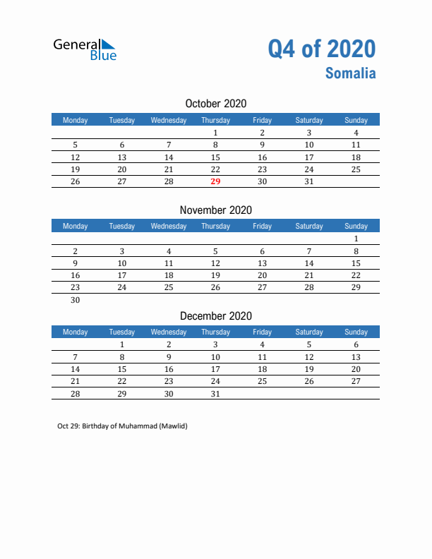 Somalia 2020 Quarterly Calendar with Monday Start
