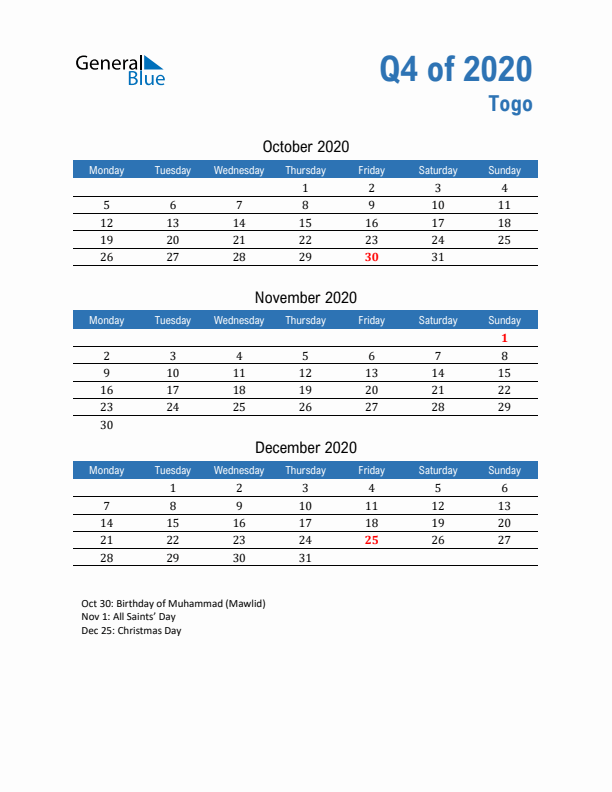 Togo 2020 Quarterly Calendar with Monday Start